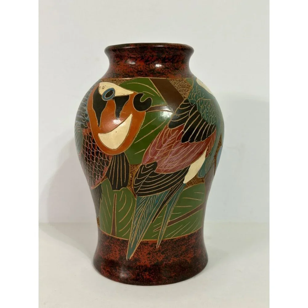 Handcrafted Ceramic Folk Art Vase Parrot & Fish Design Green Blue Red Cost Rica - Picture 5 of 10